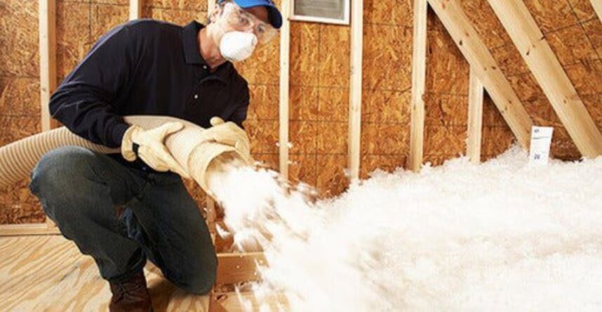 Na zdjęciu widzimy mężczyznę używającego węża do rozdmuchiwania materiału izolacyjnego w przestrzeni na poddaszu. Mężczyzna ma na sobie rękawiczki i koszulę z długim rękawem. Materiał izolacyjny wygląda na sypką, białą, puszystą substancję. Poddasze jest wykończone drewnianym szkieletem i nie ma podłogi. Proces przedstawiony na zdjęciu to instalacja izolacji.