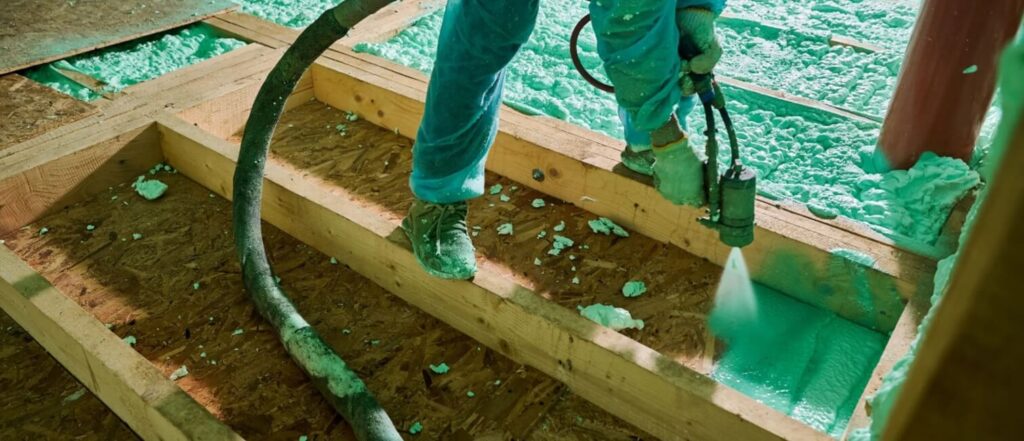 Na zdjęciu widzimy osobę, która aplikuje piankę natryskową na podłogę w budynku. Używa do tego węża połączonego z pistoletem natryskowym, który równomiernie rozprowadza pianę poliuretanową pomiędzy drewnianymi belkami stropowymi.