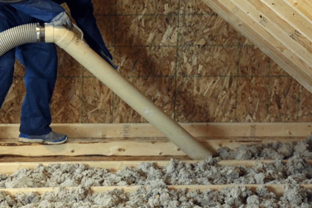 Na zdjęciu widzimy osobę ubraną w niebieskie ubranie ochronne oraz buty, używającą dużego węża do wdmuchiwania materiału izolacyjnego w przestrzeń podłogową poddasza.