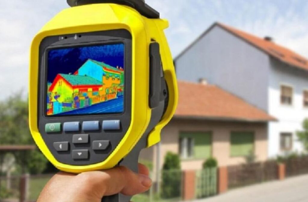 Zdjęcie przedstawia ręczna kamerę termowizyjną skierowaną na budynki. Na ekranie kamery widać kolorowy obraz termiczny budynku, gdzie różne barwy wskazują różnice temperatur. W tle widoczny jest dom z czerwonym dachem i jasnymi ścianami.