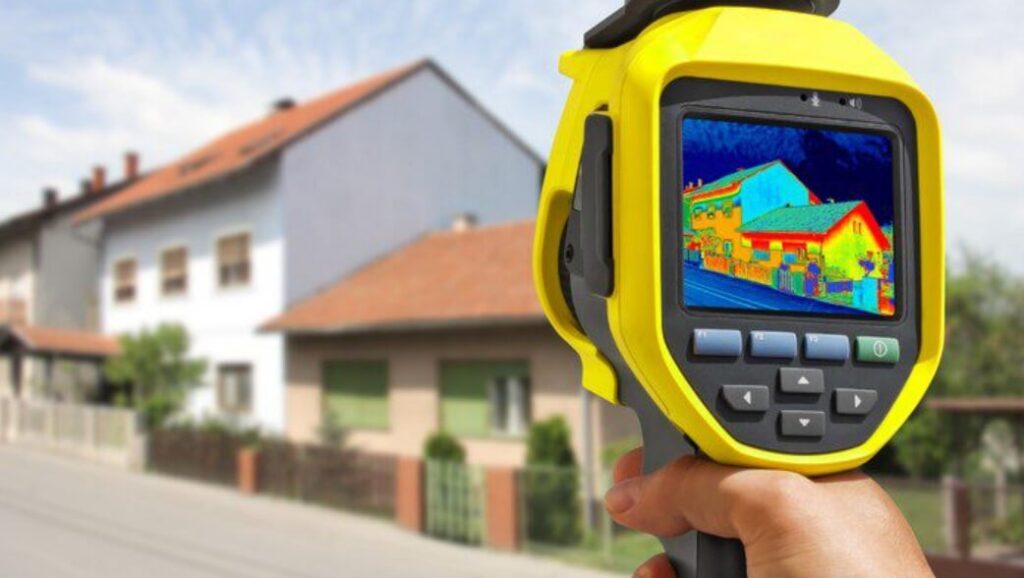 Zdjęcie przedstawia detektor termowizyjny. Używa się go do rejestrowania profilu cieplnego budynków. Na ekranie wyświetla się kolorowy obraz termiczny domu, pokazujący różnice temperatur na jego powierzchni. W tle widać zamazane budynki.
