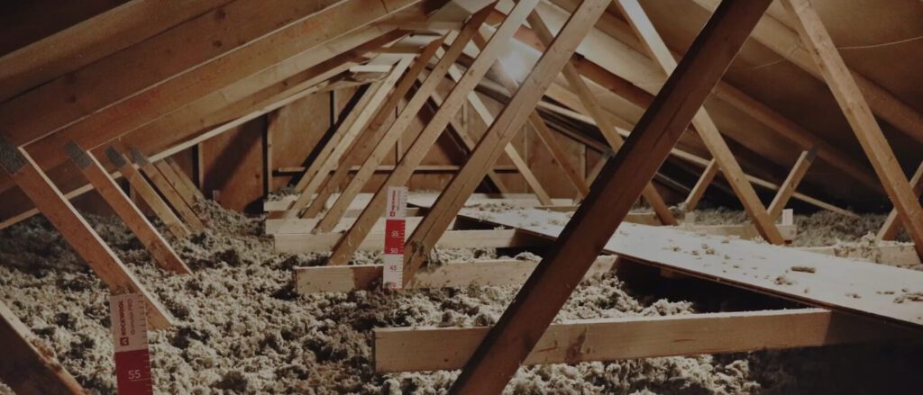 To zdjęcie przedstawia poddasze z drewnianymi belkami i rozłożonym materiałem izolacyjnym na podłodze. Widać tam wskaźniki pomiarowe, które oznaczają głębokość izolacji.