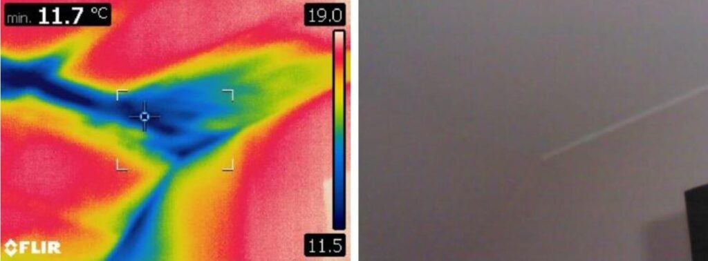 Obraz składa się z dwóch części. Po lewej stronie widoczna jest termowizyjna fotografia z gradientem kolorystycznym – od czerwieni po niebieski – wskazującym różnice temperatur. Po prawej stronie znajduje się zwykłe zdjęcie rogu sufitu. 